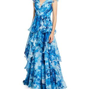 Marchesa Notte V-Neck Watercolor-Printed Tiered Chiffon Gown Size 8